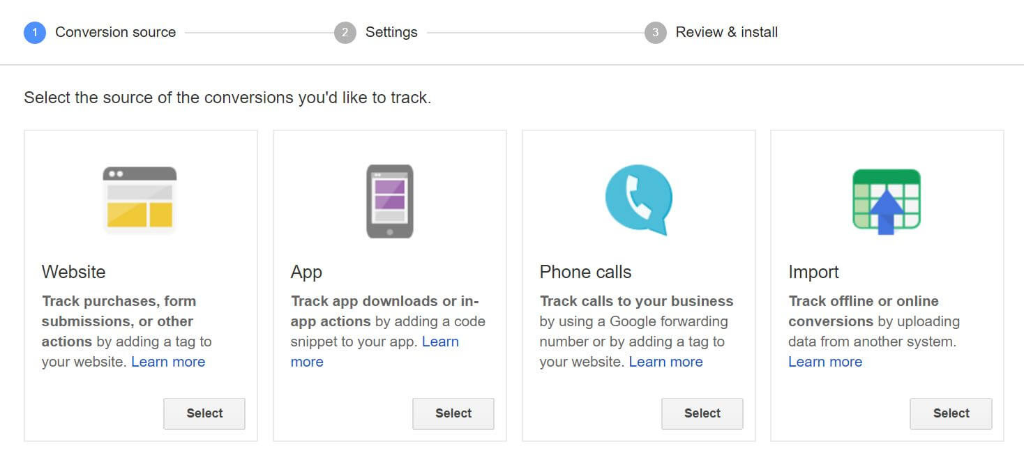 AdWords conversion types