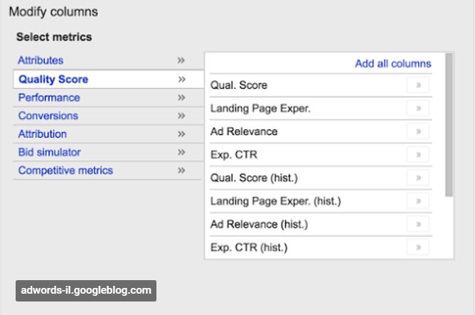 AdWords - Quality Score columns