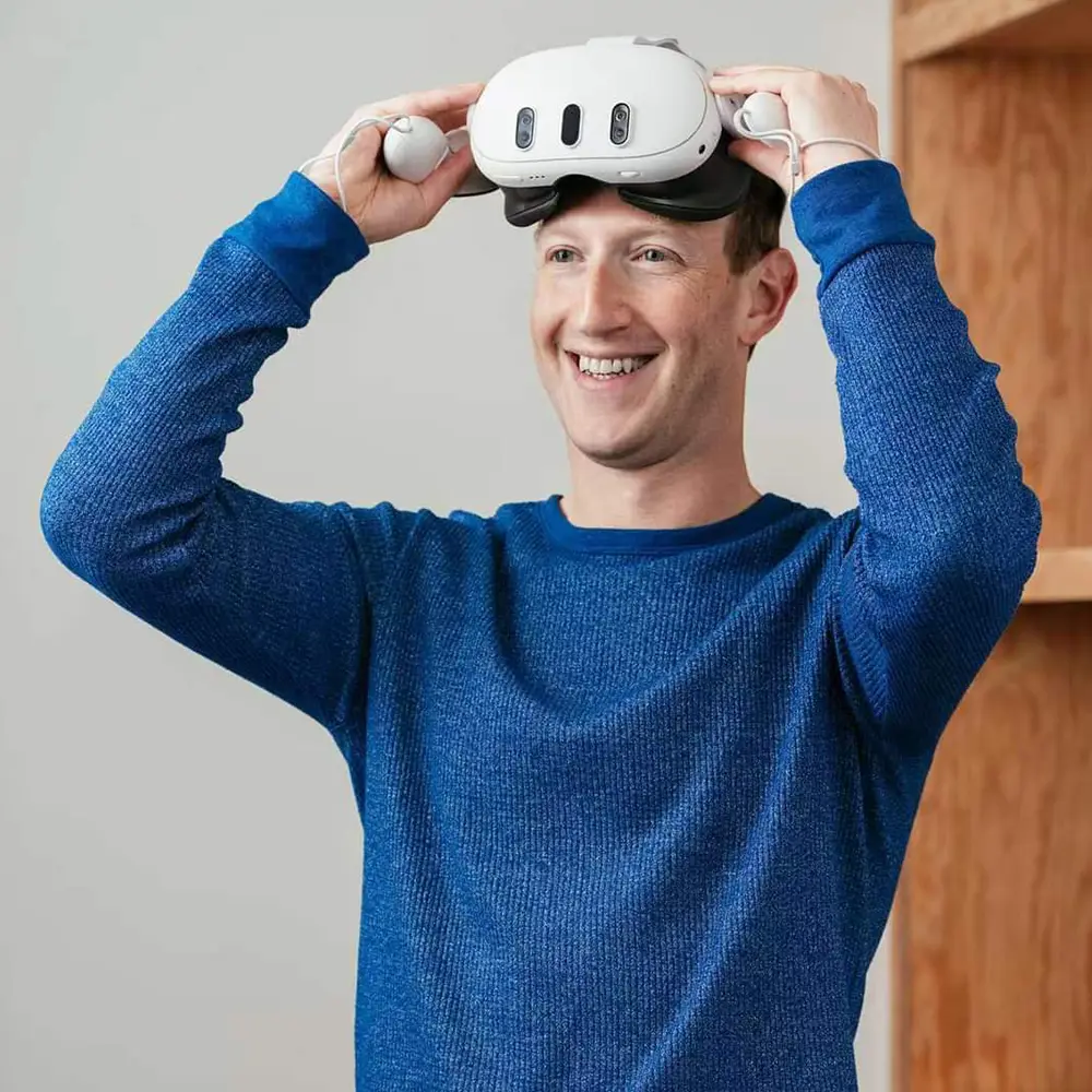 Mark Zuckerberg, CEO and founder of Meta, wearing the Meta Quest 3 headset