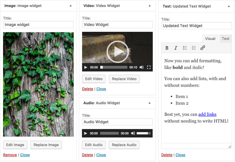 WordPress 4.8 widgets'