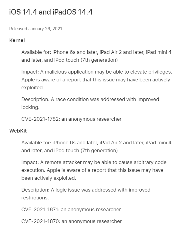 iOS 14.4 fixes three bugs.