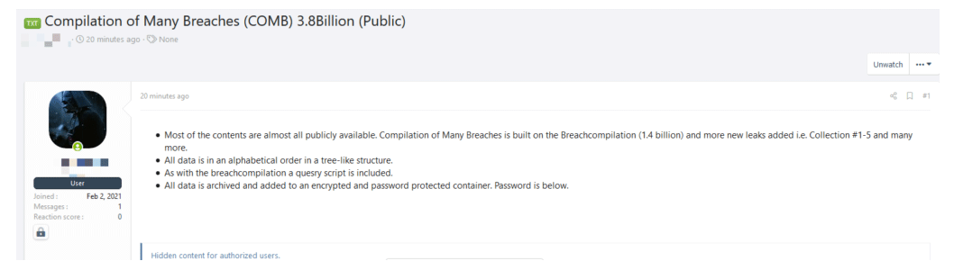 Someone sells the COMB database on a hacking forum.