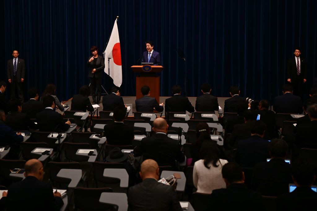 Shinzō Abe at a press conference.