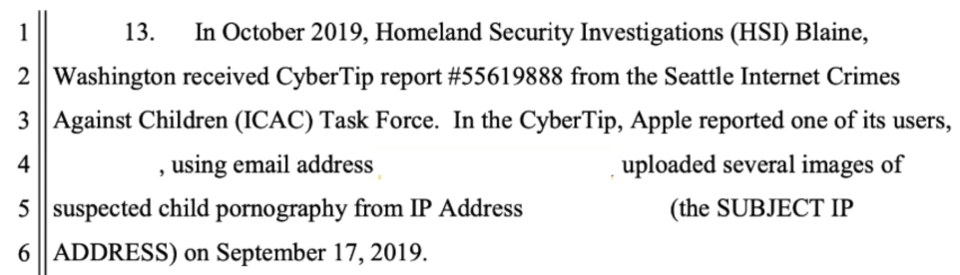 Screenshot of the search warrant that was issued when Apple reported an iCloud user for uploading suspected child pornography