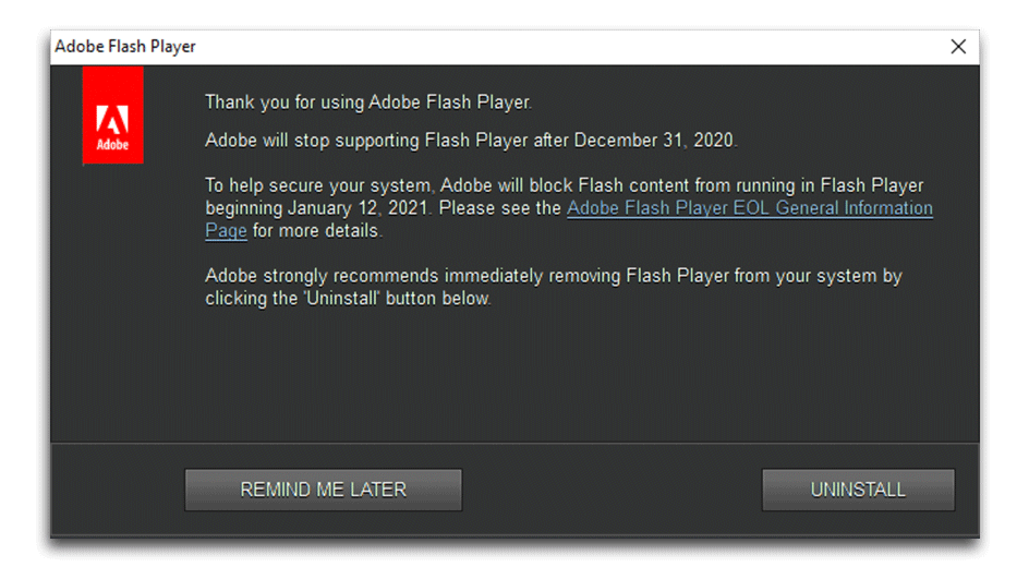 Adobe Flash Player, EOL