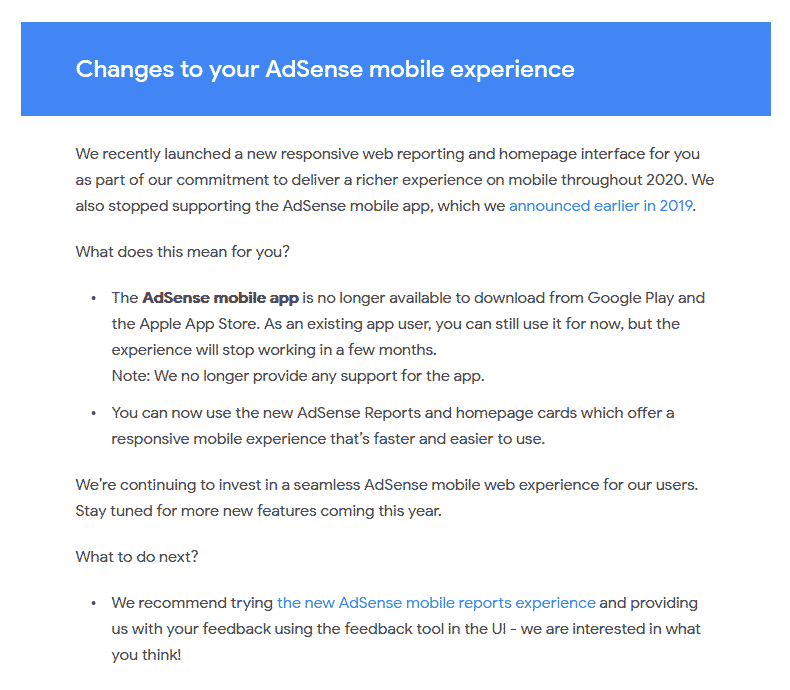 The end of AdSense mobile app