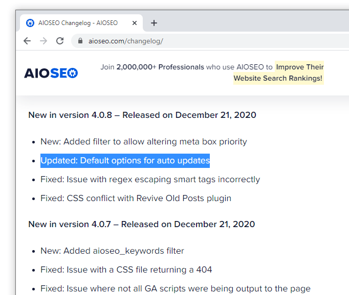 All in One SEO plugin, changelog 4.0.8