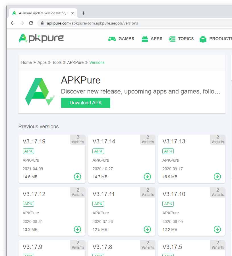 APKPure version history, without version 3.17.18