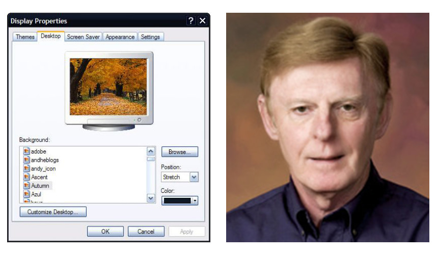 A screenshot of Windows XP's Display Property, and a photo of Peter Burian