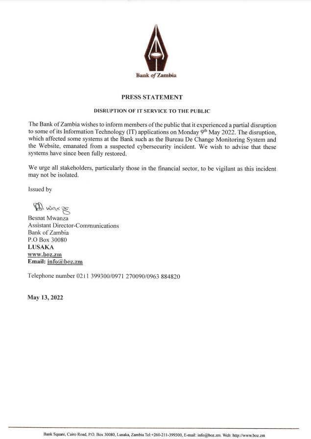 Bank of Zambia, ransomware