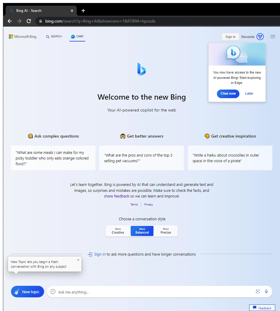 Bing Chat, Google Chrome