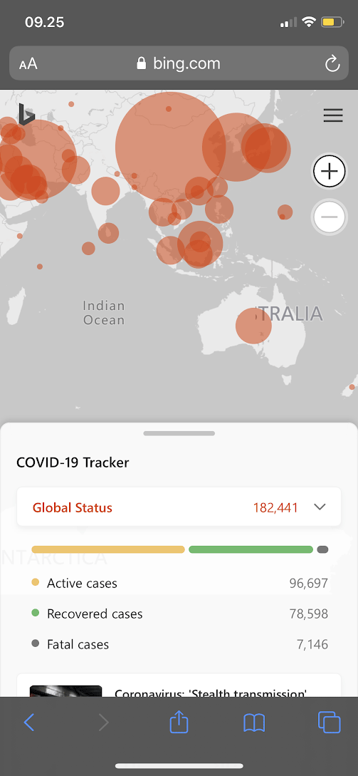 Bing COVID-19 tracker - mobile