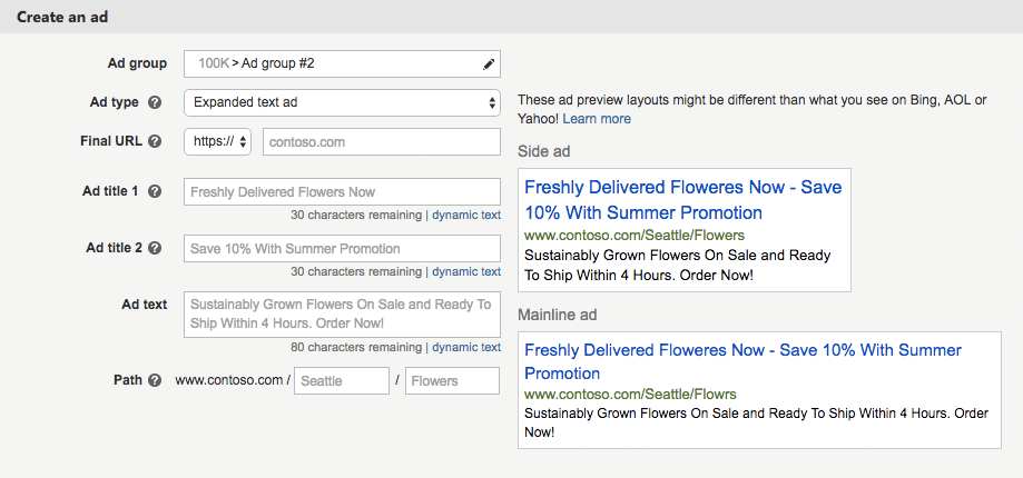 Create Bing ETA ad