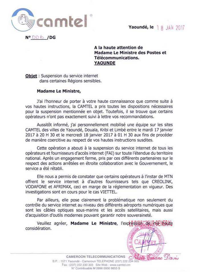 Cameroon - internet shutdown letter