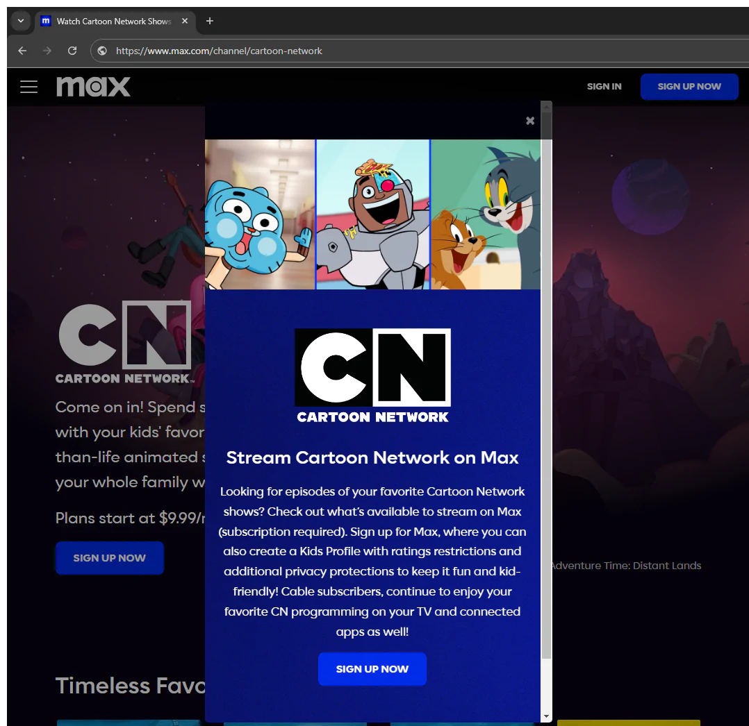 Cartoon Network website, redirects to Max