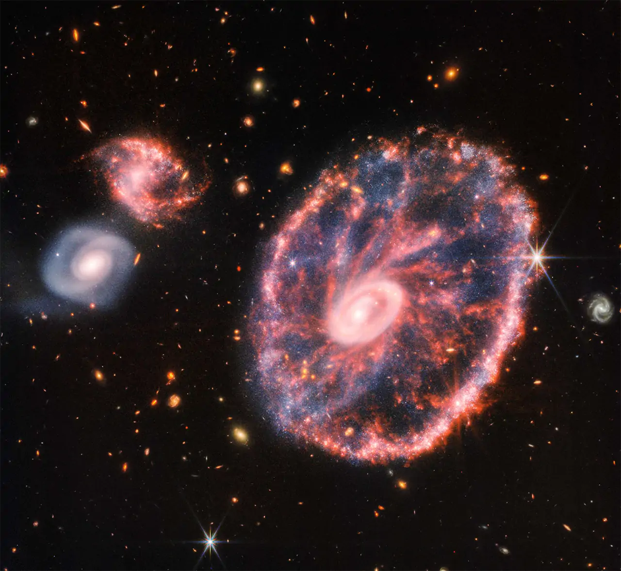 An image of the distant Cartwheel Galaxy, located about 500 million light-years away in the Sculptor constellation