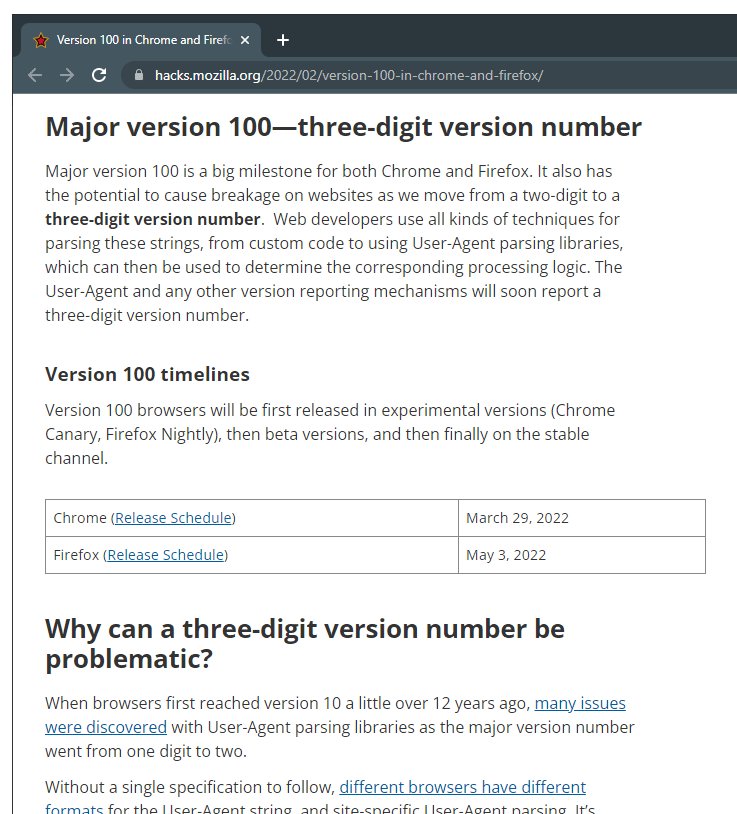 Firefox and Chrome version 100 dates