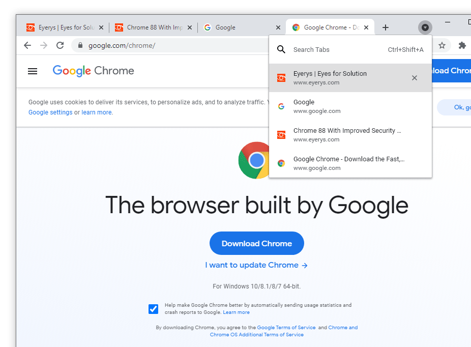 Chrome 88 with the Tab search feature in the form of a drop-down menu.