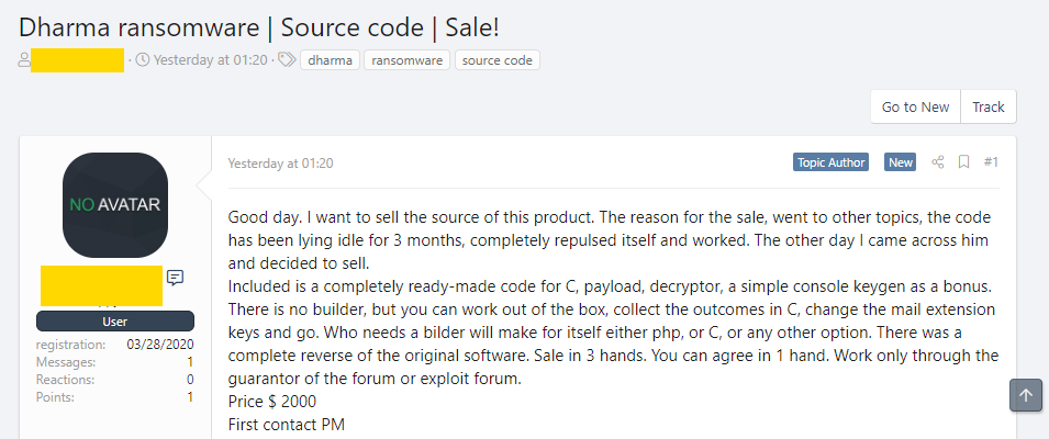 Dharma ransomware being sold by a hacker forum user