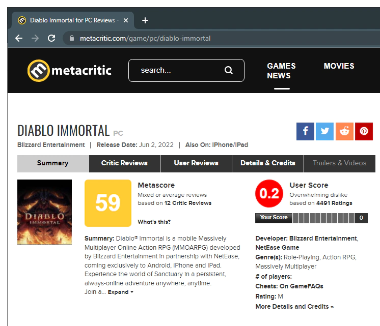 Diablo Immortal now has the lowest user score in Metacritic history