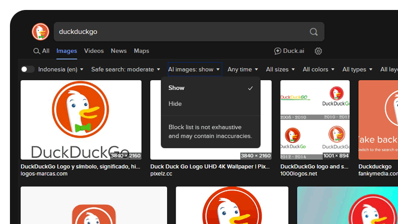 DuckDuckGo AI filter