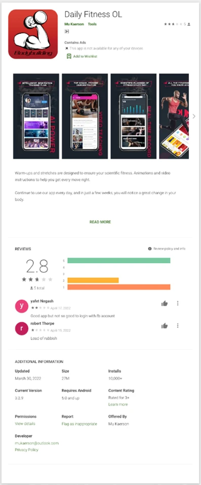 The Google Play Store page for Daily Fitness OL