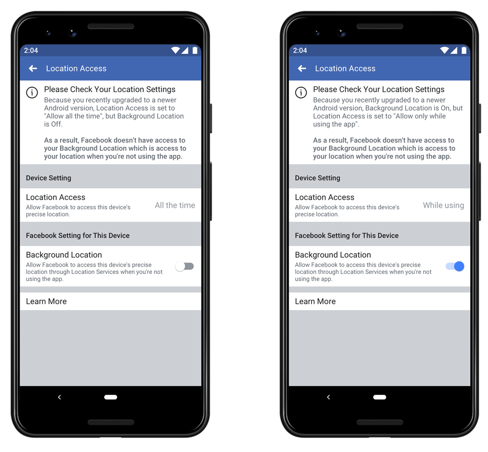 Facebook Location Access setting