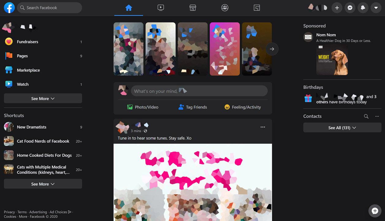 Facebook dark mode on the redesigned web interface.