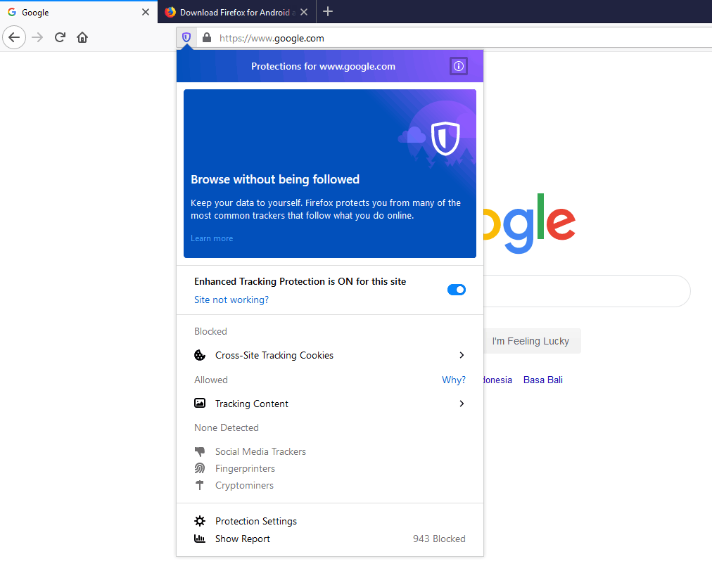 Firefox tracker blocker on Google