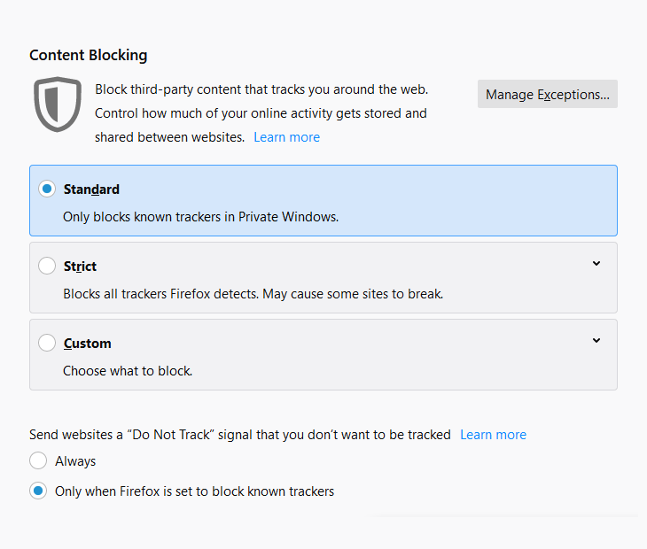 Firefox 65 - tracker blocker