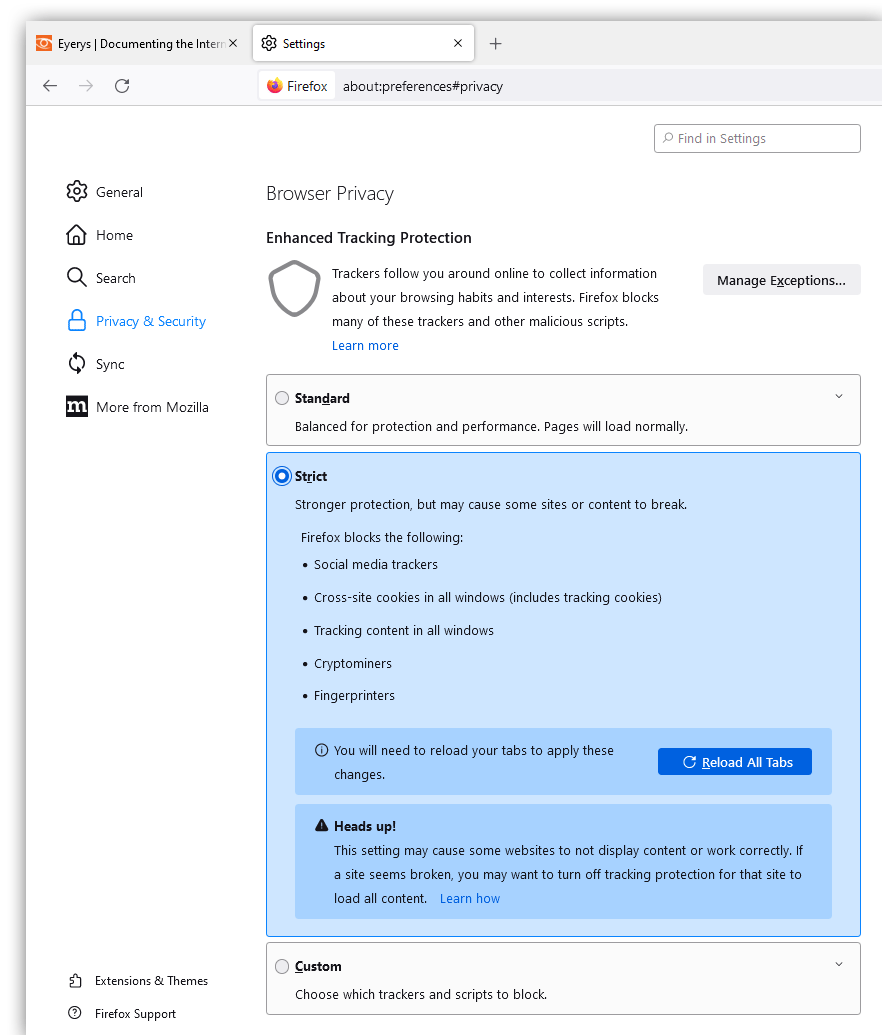 Firefox Enhanced Tracking Protection - Strict.