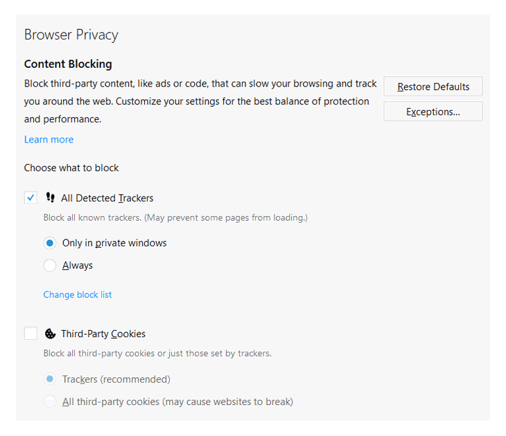Mozilla Firefox 63 - Enhanced Tracking Protection