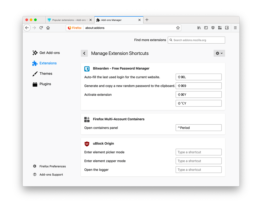 Firefox 66 - Manage Extension Shortcuts