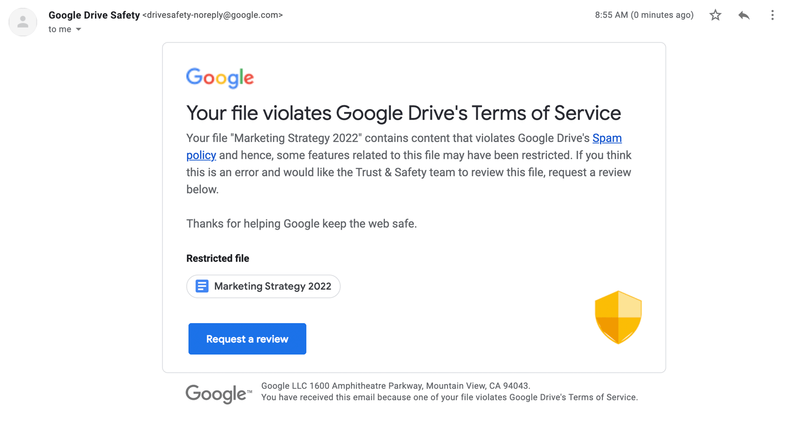 Google Drive informing owners of flagged files