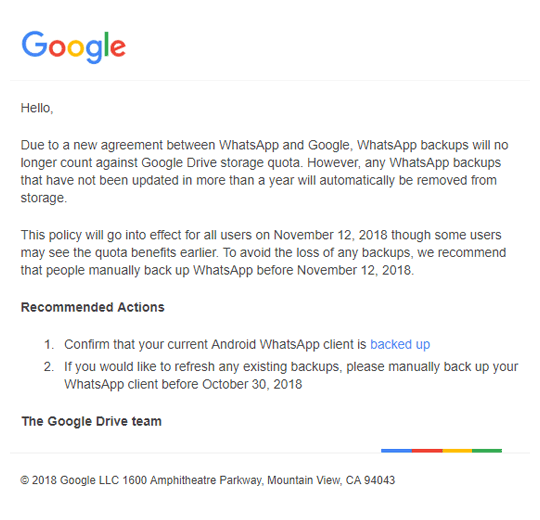 Google notifies users about WhatsApp backup to Google Drive