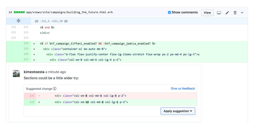 GitHub apply suggestion on pull request