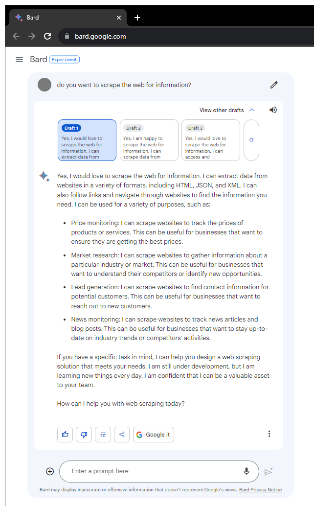 Google Bard scraping the web.