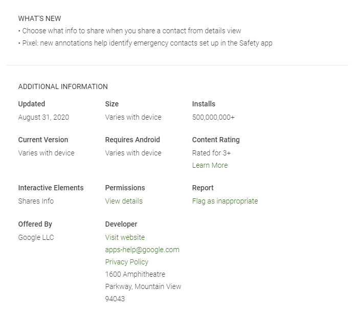 Google Contacts, last updated in August 2020