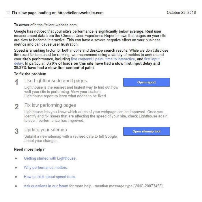 Google notification to owners of slow websites