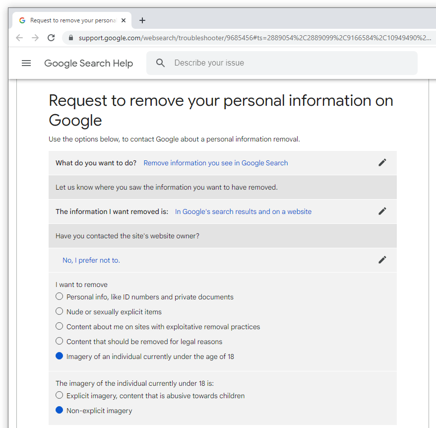 Request to remove your personal information on Google