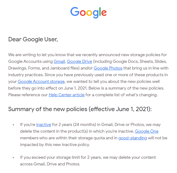 Google email, storage policy change.