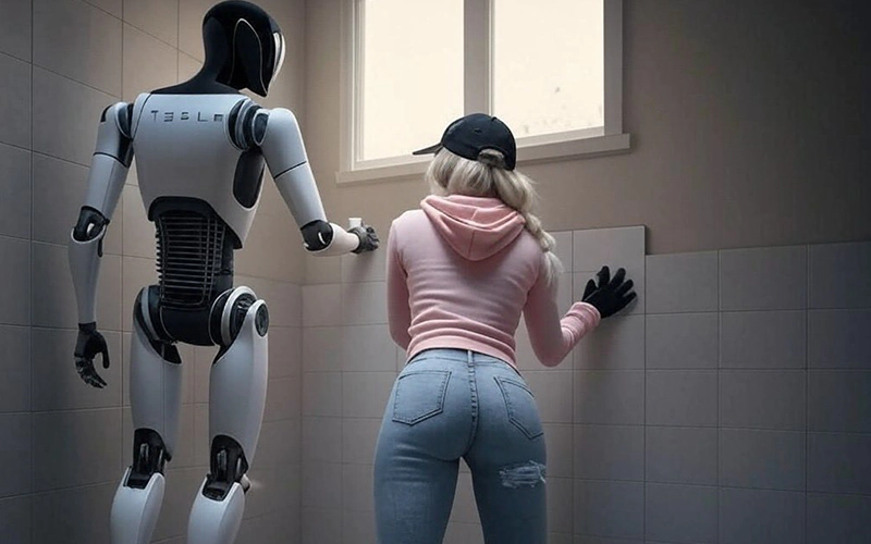 A Tesla Bot, called Optimus, and a woman.