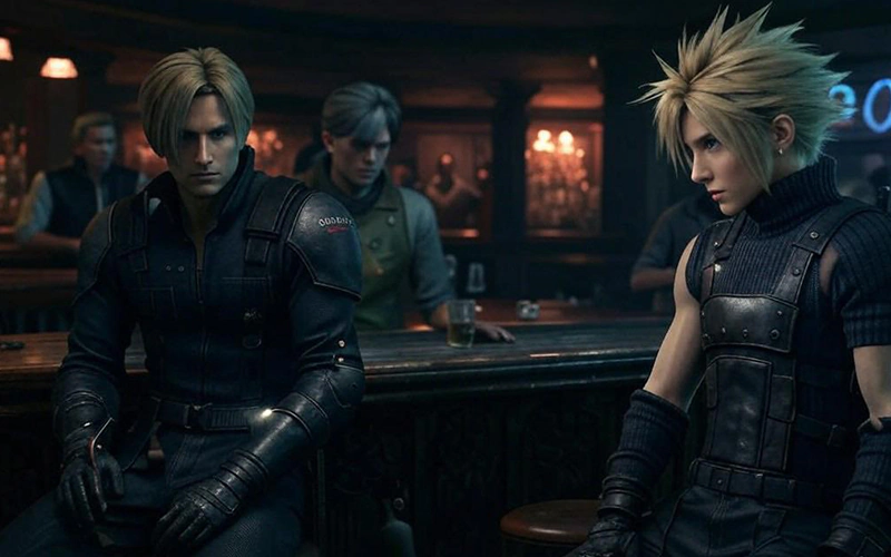 Cloud Strife from Final Fantasy VII having a drink with Leon S. Kennedy from Resident Evil, with Solid Snake from Metal Gear as the bartender