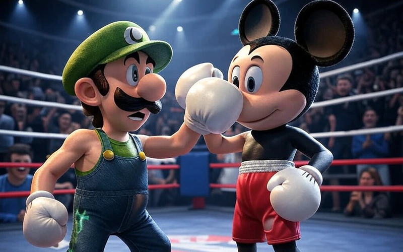 Luigi from Super Mario have a brawl with Mickey Mouse