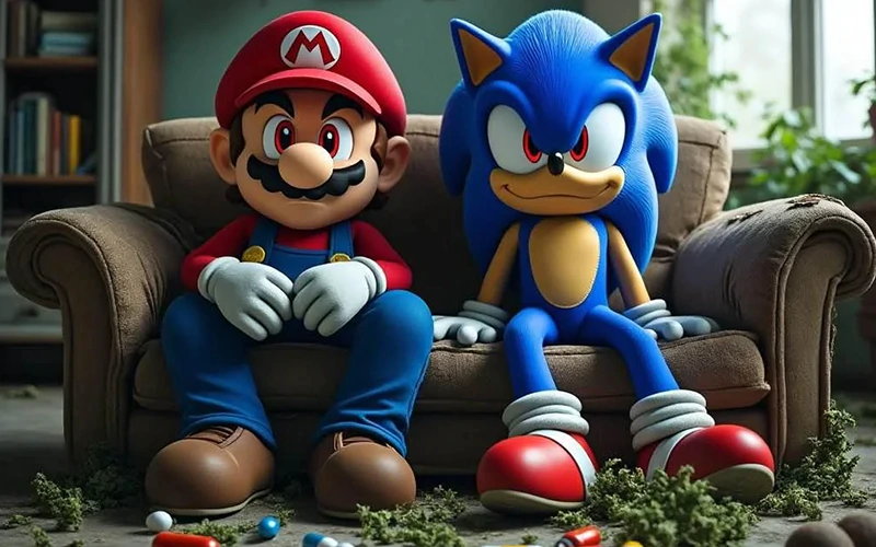 Mario and Sonic the Hedgehog with weed and pills