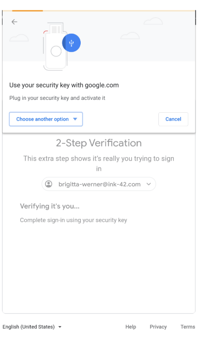 The new two-step verification screen on Google Chrome browser