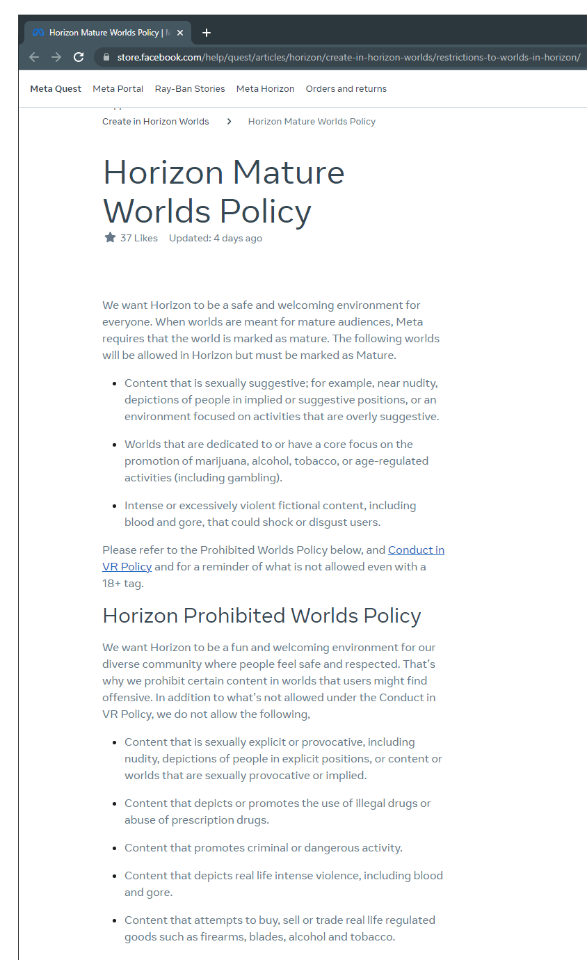 Horizon Mature Worlds Policy