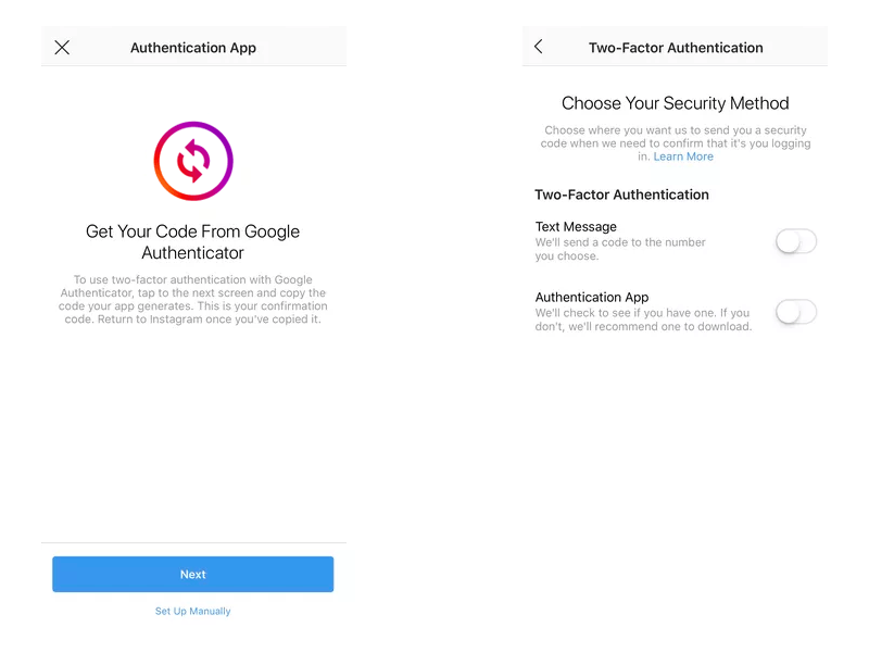 Instagram app-based 2FA