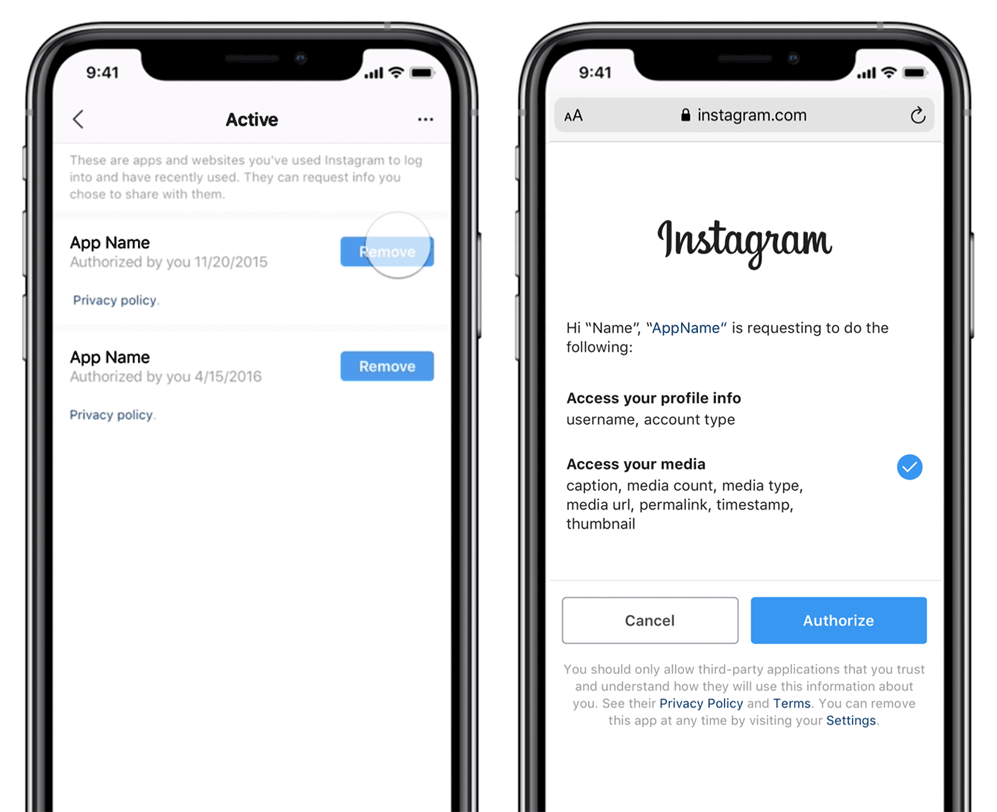 Instagram user control for third-party services