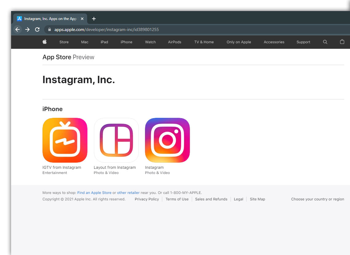Screenshot of apps developed by Instagram on Apple App Store, with no Boomerang and no Hyperlapse